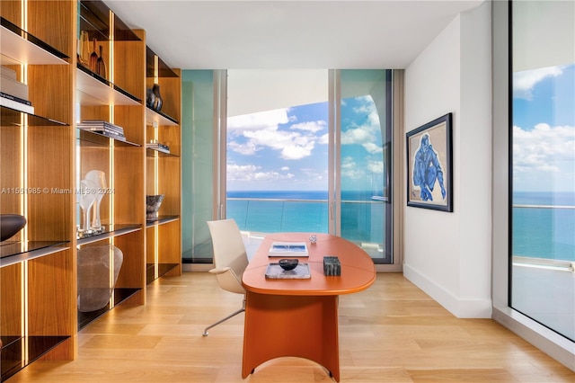 sitting room with light hardwood / wood-style flooring, a wall of windows, and a water view