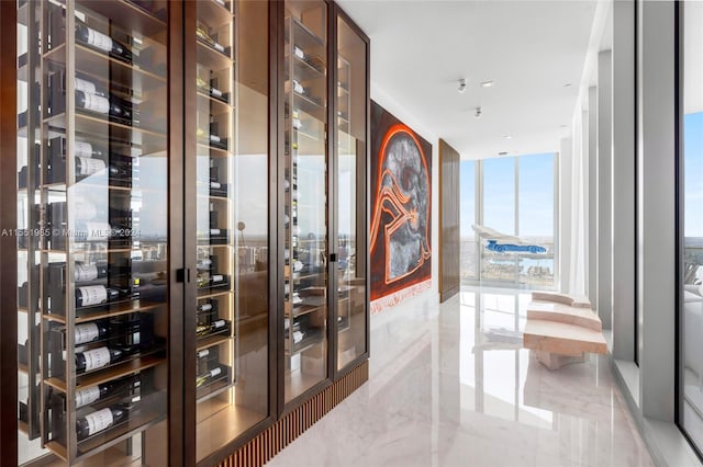 wine cellar featuring floor to ceiling windows and light tile floors