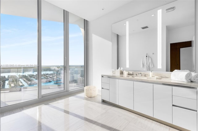 bathroom with a wealth of natural light, vanity, and tile floors