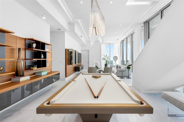 playroom with pool table and light tile floors