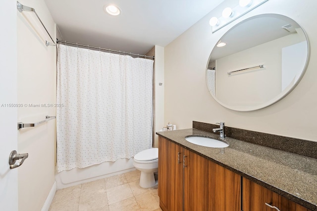 bathroom featuring tile patterned floors, shower / bath combo with shower curtain, toilet, recessed lighting, and vanity