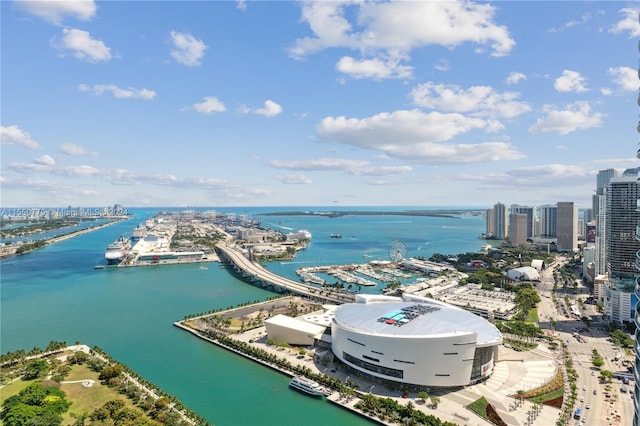 aerial view featuring a water view