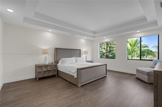 bedroom featuring a tray ceiling and hardwood / wood-style flooring