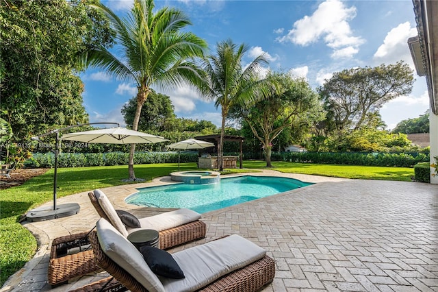 view of pool featuring a patio area and a yard