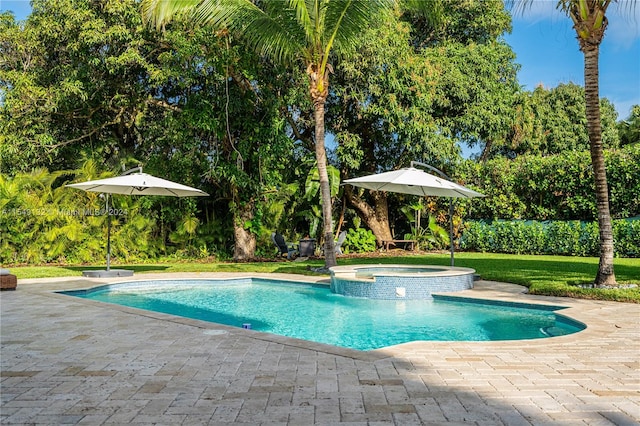 view of swimming pool with a patio area and an in ground hot tub