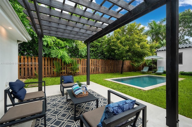 view of patio / terrace featuring an outdoor living space, a fenced in pool, and a pergola