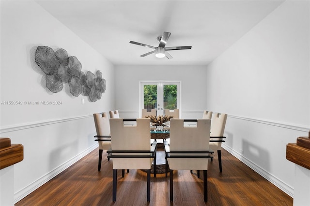 dining area featuring dark wood-type flooring and ceiling fan