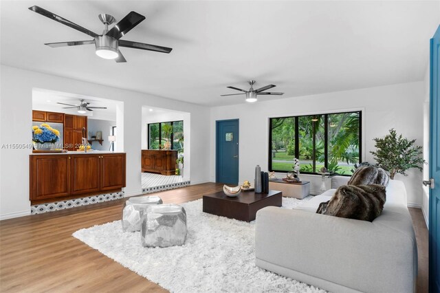 living room featuring ceiling fan and light hardwood / wood-style floors