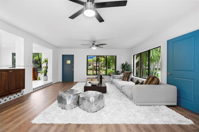 living room featuring dark hardwood / wood-style flooring and ceiling fan