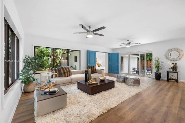 living room with ceiling fan, hardwood / wood-style flooring, and plenty of natural light