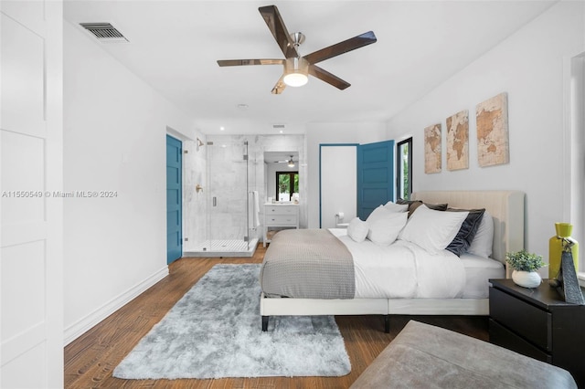 bedroom with dark wood-type flooring and ceiling fan