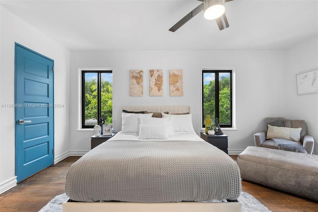 bedroom featuring dark wood-type flooring, ceiling fan, and multiple windows