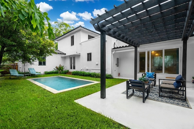 view of swimming pool with a pergola, a yard, and a patio