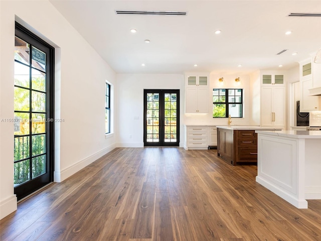 kitchen with french doors, white cabinetry, plenty of natural light, and dark wood-type flooring