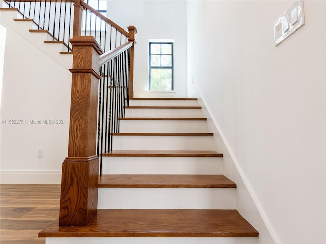 stairs with hardwood / wood-style flooring