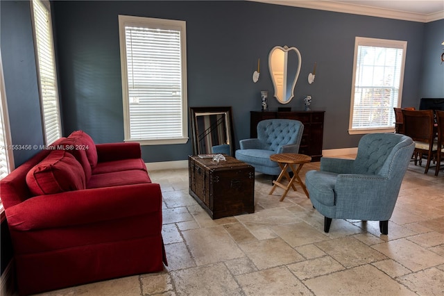 tiled living room featuring crown molding