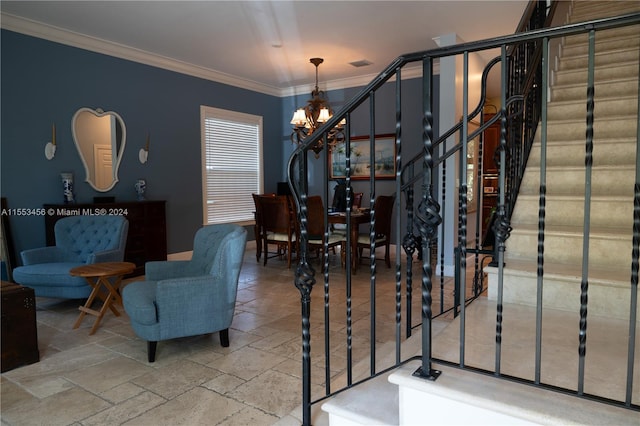 dining room with an inviting chandelier, crown molding, and light tile floors