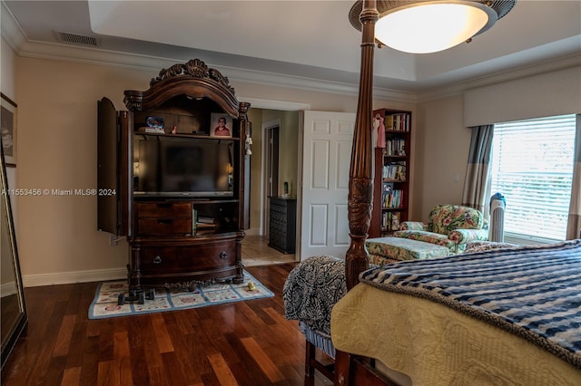 bedroom featuring a tray ceiling and dark wood-type flooring