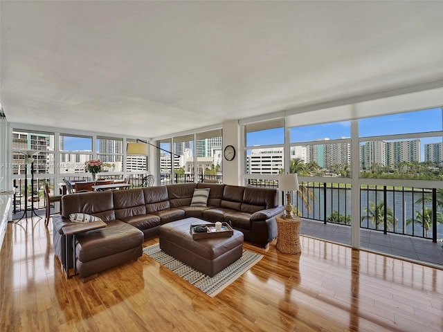 interior space with expansive windows, a healthy amount of sunlight, and light hardwood / wood-style flooring