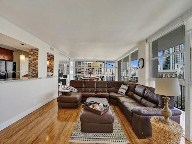 living room featuring a wall of windows and light wood-type flooring