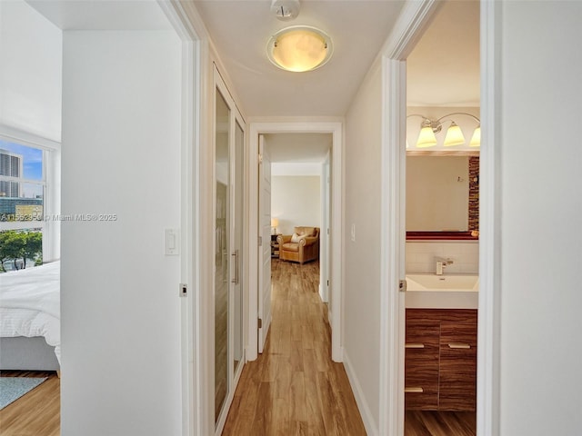 hall featuring sink and light wood-type flooring