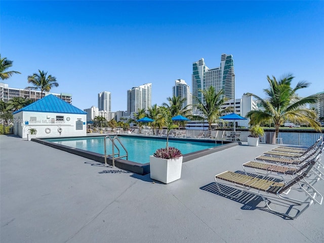 view of swimming pool with a patio area