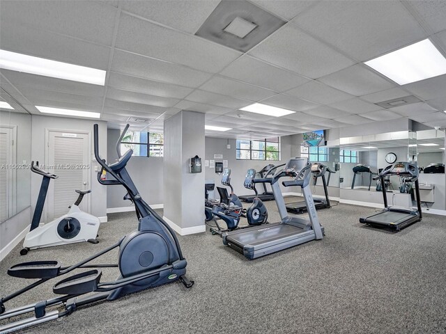 gym featuring a paneled ceiling, a healthy amount of sunlight, and carpet floors