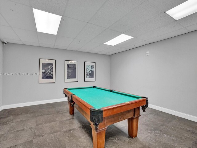 game room with billiards, a drop ceiling, and dark tile floors