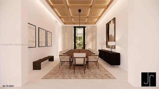 carpeted dining space with wooden ceiling and beam ceiling