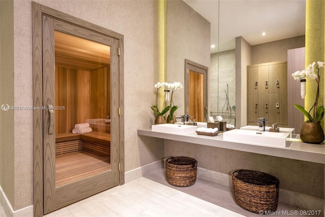 bathroom featuring vanity and tile patterned flooring