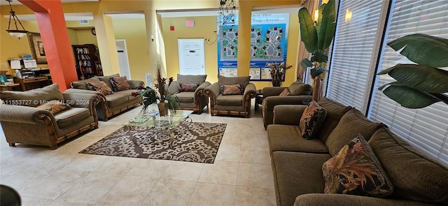 living room featuring light tile patterned floors