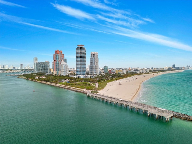 birds eye view of property featuring a water view and a beach view