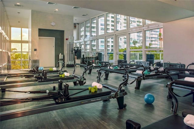 exercise room with dark hardwood / wood-style floors and a towering ceiling