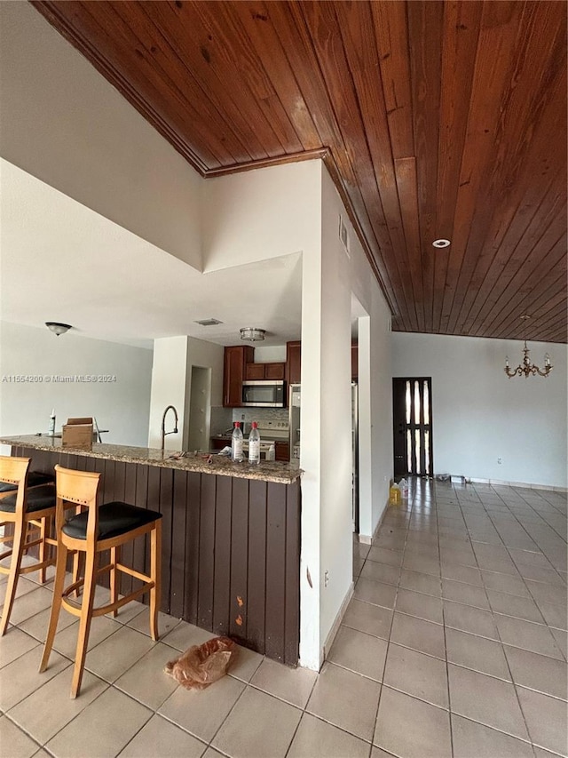 kitchen featuring light tile patterned floors, a peninsula, a sink, stainless steel appliances, and wooden ceiling