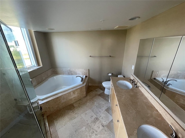 full bathroom with vanity, toilet, and shower with separate bathtub