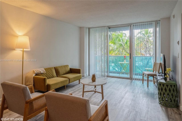 living room with light hardwood / wood-style floors and a wall of windows