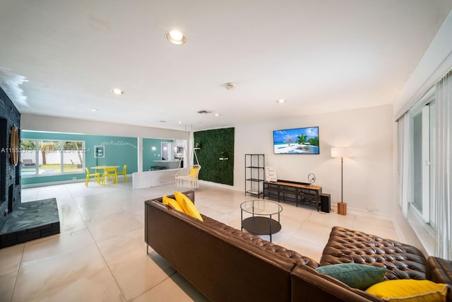 living room featuring light tile patterned floors