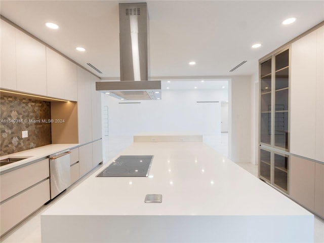 kitchen with tasteful backsplash, black electric stovetop, a kitchen island, dishwasher, and island range hood