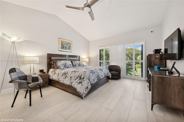 bedroom with light hardwood / wood-style flooring, access to exterior, ceiling fan, and lofted ceiling