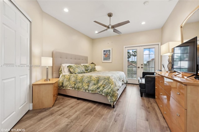 bedroom featuring access to exterior, ceiling fan, light wood-type flooring, and french doors