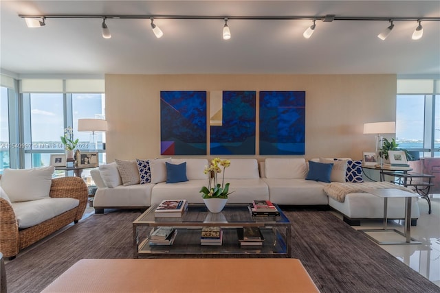 living room with floor to ceiling windows and rail lighting