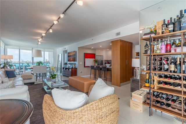 tiled living room featuring rail lighting