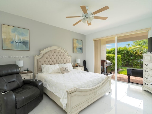 bedroom featuring access to outside, light tile patterned flooring, and a ceiling fan