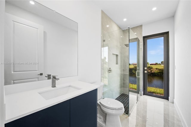 full bathroom with toilet, a shower stall, recessed lighting, and vanity