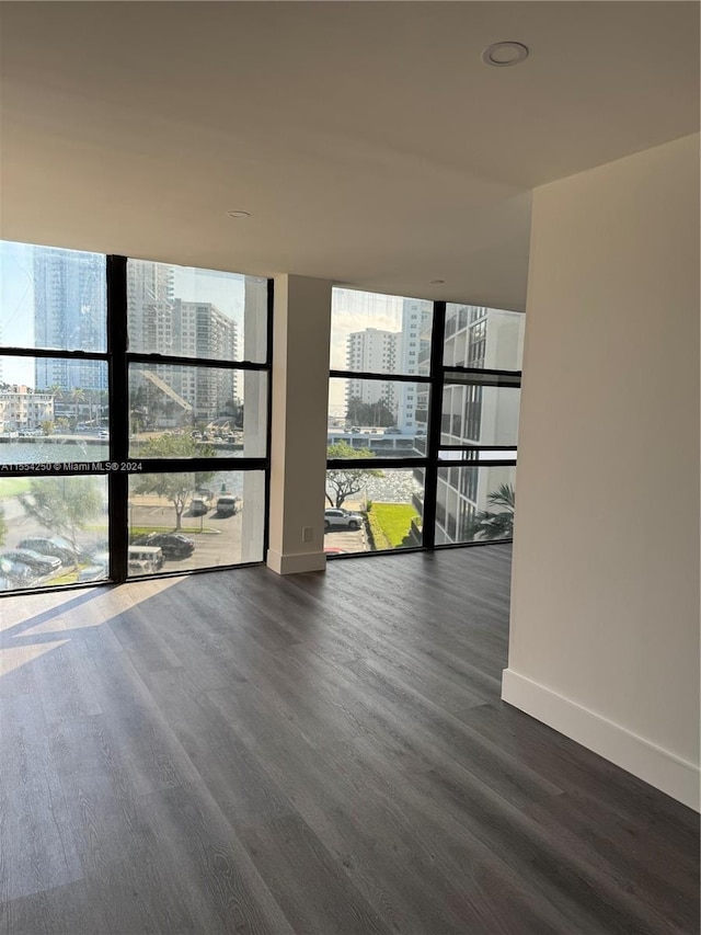 empty room with dark wood-type flooring and a wall of windows