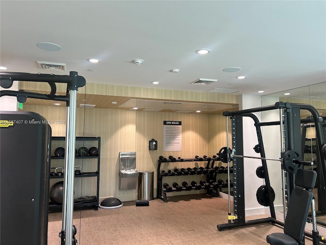 workout area with carpet floors