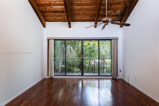 unfurnished room featuring lofted ceiling with beams, dark wood-type flooring, ceiling fan, and wooden ceiling