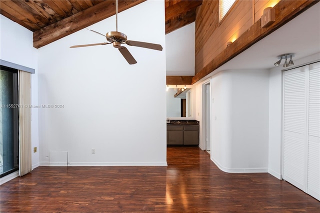 unfurnished living room with beamed ceiling, ceiling fan, dark hardwood / wood-style floors, high vaulted ceiling, and wood ceiling