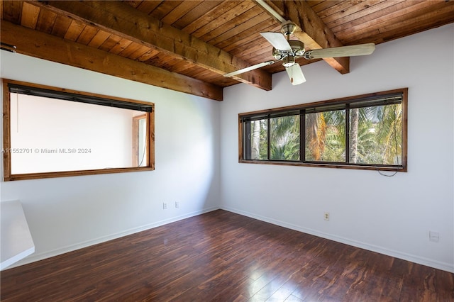 spare room with dark hardwood / wood-style flooring, beam ceiling, ceiling fan, and wood ceiling