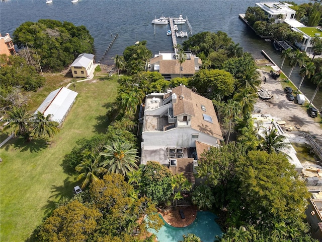 birds eye view of property featuring a water view